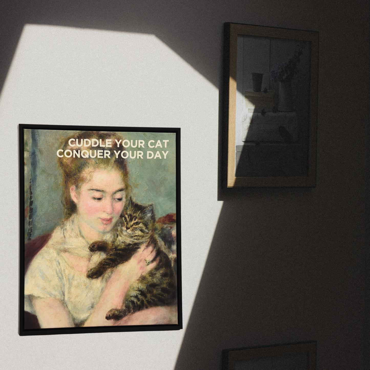 "Cuddle Your Cat, Conquer Your Day" Framed Canvas Poster – Cat Lover Art, 40x50 cm