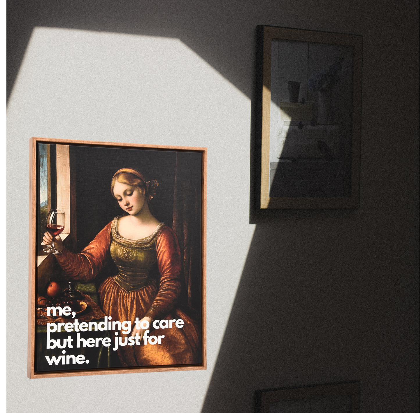 "Pretending to Care But Here for the Wine" Framed Canvas Poster – Wine Lover Humor Artwork, 40x50 cm