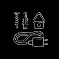 White line-drawn icons of a screw, wall anchor, birdhouse, and power adapter on a black background.