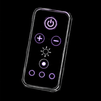 A slim rectangular remote control with rounded corners, shown at an angle on a solid black background. The remote has glowing purple outlines for its buttons and icons, including a power button, volume plus and minus, a brightness light icon, and a central round button.